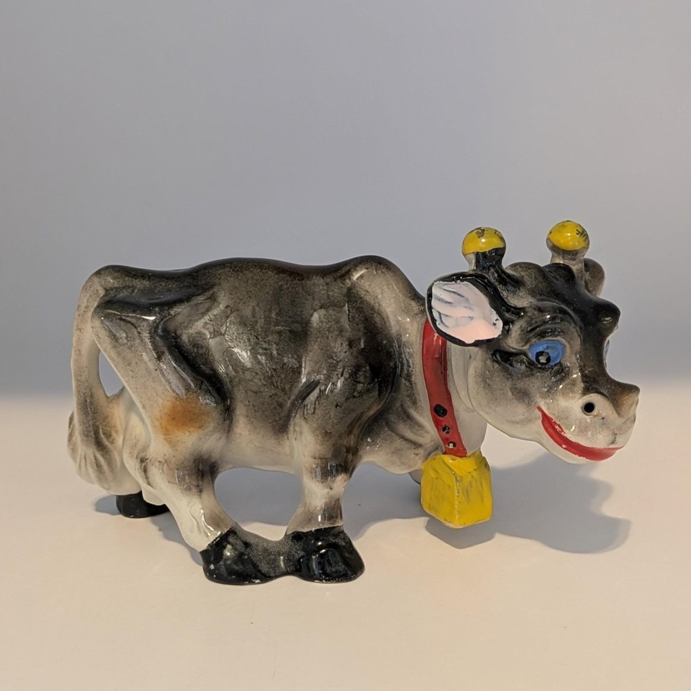 Vintage Black Cow Figurine With Bell Made In Japan